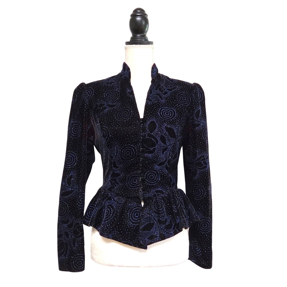 80s Gunne Sax Black Velvet Blue Glitter Peplum Hem Blazer Size 4 Glam Holiday